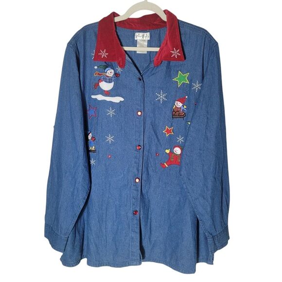 Bobbie Brooks Christmas Print Chambray Blouse Women's Size 26W Blue Red Holiday - Picture 1 of 9